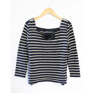 ●PETIT BATEAU/プチバトー●フロントリボンボーダーニット/スクエアネック/長袖 ネイビー×ゴールド/紺×金 レディース M【中古】春夏 302032