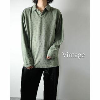 ヴィンテージ(VINTAGE)の90s van heusen アーガイル柄 ルーズ 長袖 ポロシャツ 緑 XL(ポロシャツ)