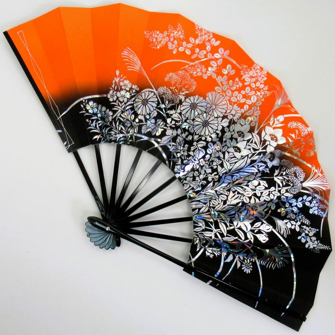 扇子　舞扇子　ホログラム箔草花　オレンジ/黒 レディースの水着/浴衣(和装小物)の商品写真