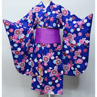 二尺袖着物 単品 仕立て上がり 百花斉放 ショート丈 青地 NO26932-4(振袖)