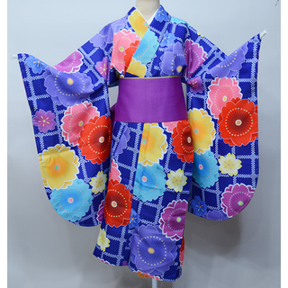 二尺袖着物 単品 仕立て上がり 千紫万紅 ショート丈 青地 NO29564-4(振袖)