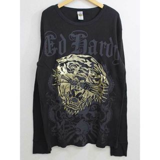 エドハーディー(Ed Hardy)の【値下げ】▼Ed Hardy/エドハーディー▼プリントサーマルカットソー/長袖/ゴールド/虎/スカル/ワッフル生地 ダークグレー メンズ L【中古】春秋 409032(Tシャツ/カットソー(半袖/袖なし))