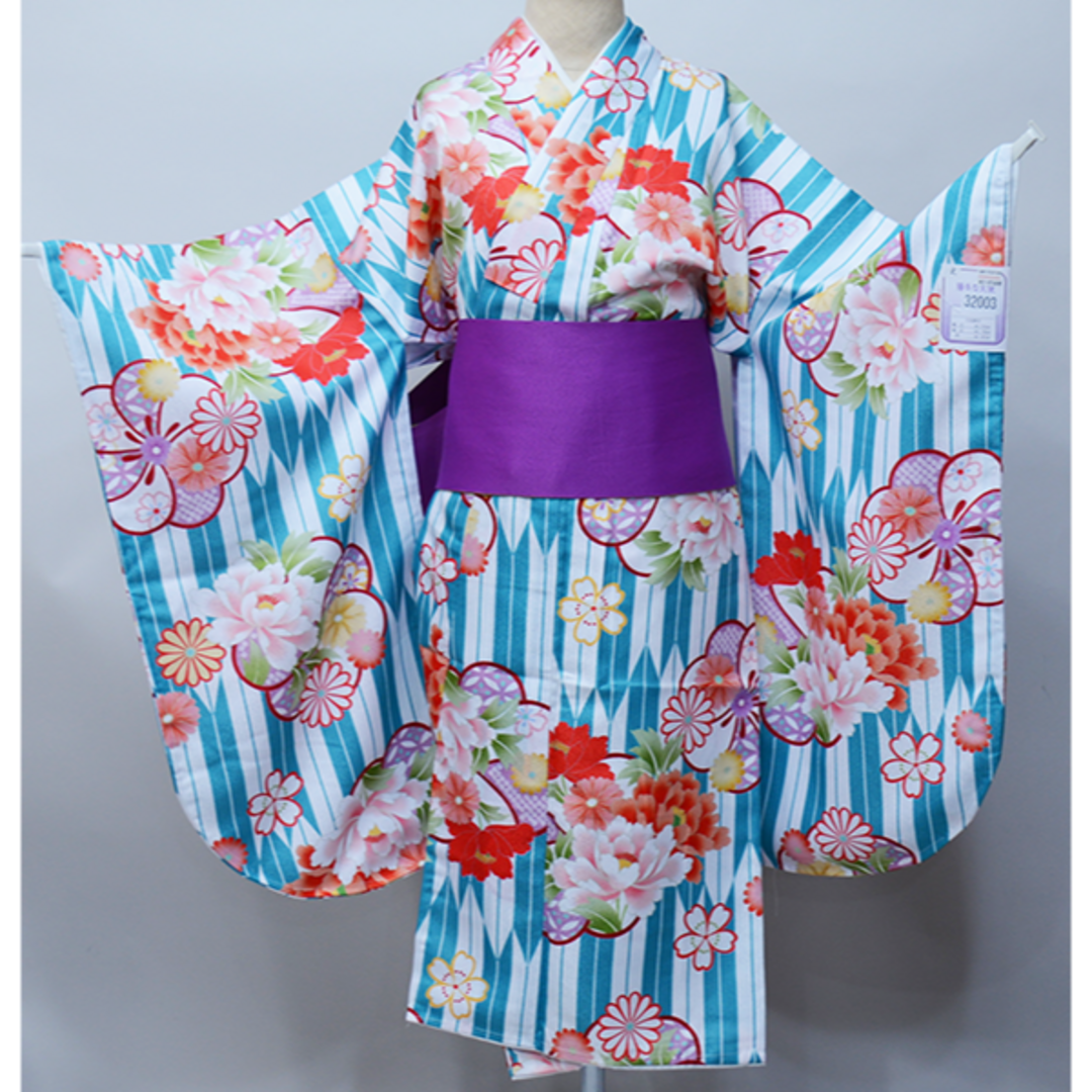 二尺袖着物 単品 仕立て上がり 陽気な天使 白地×水色 NO32003-4