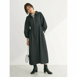 グリーンパークス(green parks)の【ブラック】ELENCARE DUE デニムハーフZIPワンピース 24SS/長袖/ウエストゴム/ロング丈/レディース(ロングワンピース/マキシワンピース)