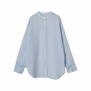 グリーンパークス(green parks)の【サックスブルー】シアーチェック袖ドロストシャツチュニック 24SS/体型カバー/ノーカラー/長袖/春(ミニワンピース)