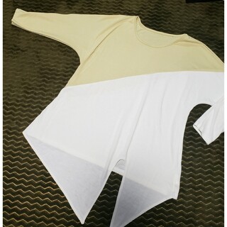 アシメ Tシャツ白×カーキ七分袖   L切り替えTシャツアシンメトリー(Tシャツ(長袖/七分))