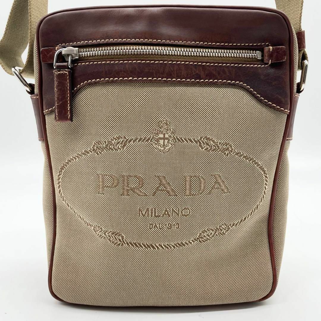 PRADA(プラダ)のプラダ　ショルダーバッグ　ロゴジャガード　キャンバス　レザー　斜めがけ　ベージュ レディースのバッグ(ショルダーバッグ)の商品写真