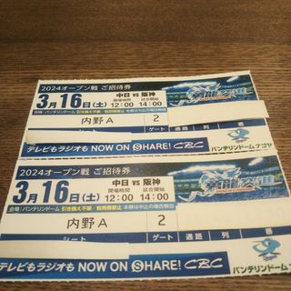 【ペアチケット】2024オープン戦3月16日(土)中日VS阪神バンテリンドーム(野球)