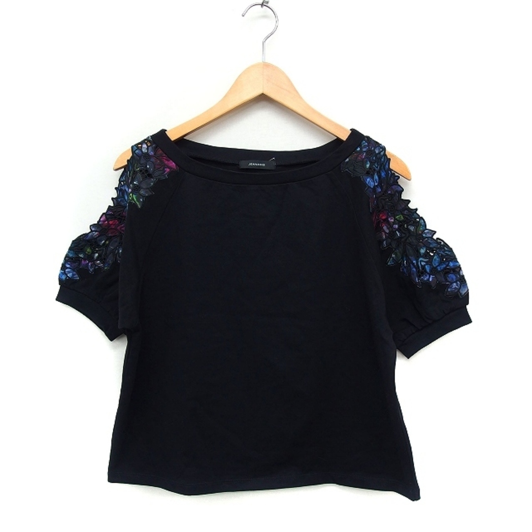 JEANASIS(ジーナシス)のジーナシス JEANASIS 花刺繍カットソー Tシャツ 半袖 ボートネック 黒 レディースのトップス(カットソー(半袖/袖なし))の商品写真