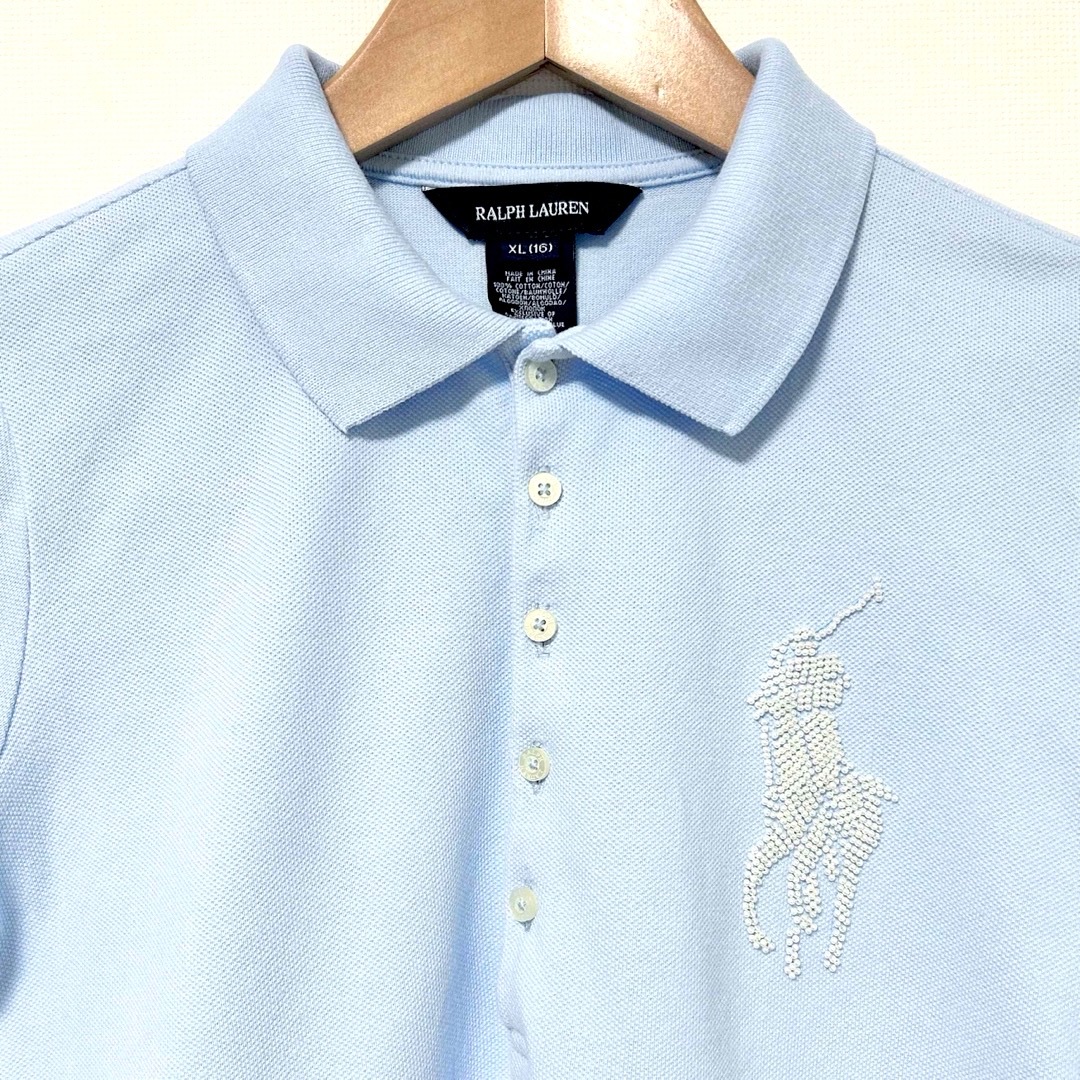 Ralph Lauren(ラルフローレン)のラルフローレン キッズXL(16) S パールビジューロゴポロシャツ 半袖 水色 レディースのトップス(ポロシャツ)の商品写真