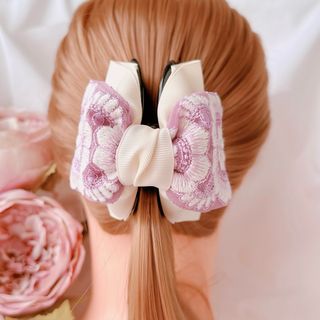 インド刺繍リボン×グログランリボン  バンスクリップ（大）(ヘアアクセサリー)