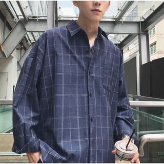 メンズシャツ　XL ブルー　ビックシルエット　チェック　長袖　ロング　シンプル(シャツ)