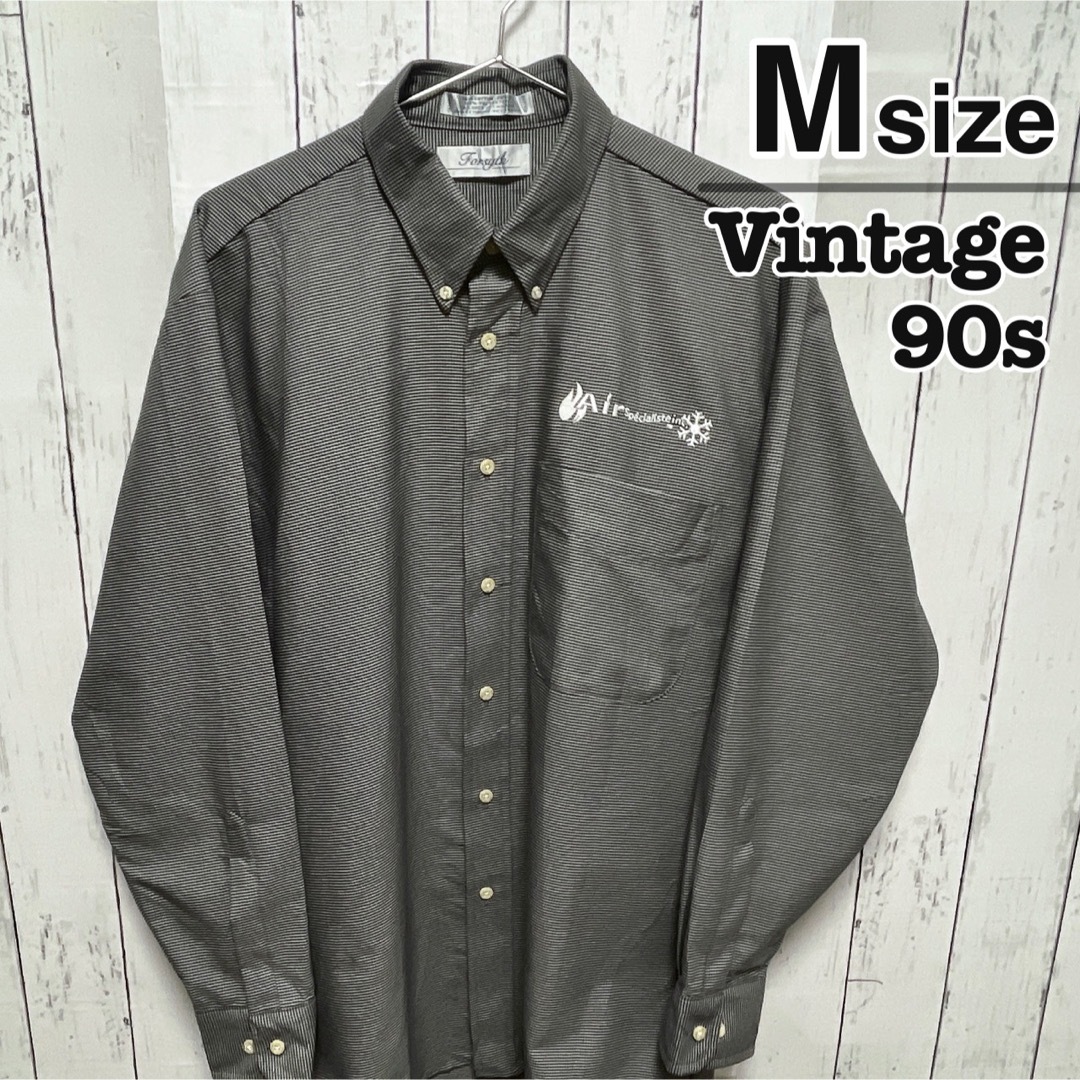 VINTAGE(ヴィンテージ)のUSA古着　90s　ワークシャツ　M　千鳥柄　グレー　ボタンダウン　企業ロゴ メンズのトップス(シャツ)の商品写真