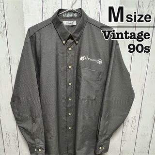 ヴィンテージ(VINTAGE)のUSA古着　90s　ワークシャツ　M　千鳥柄　グレー　ボタンダウン　企業ロゴ(シャツ)