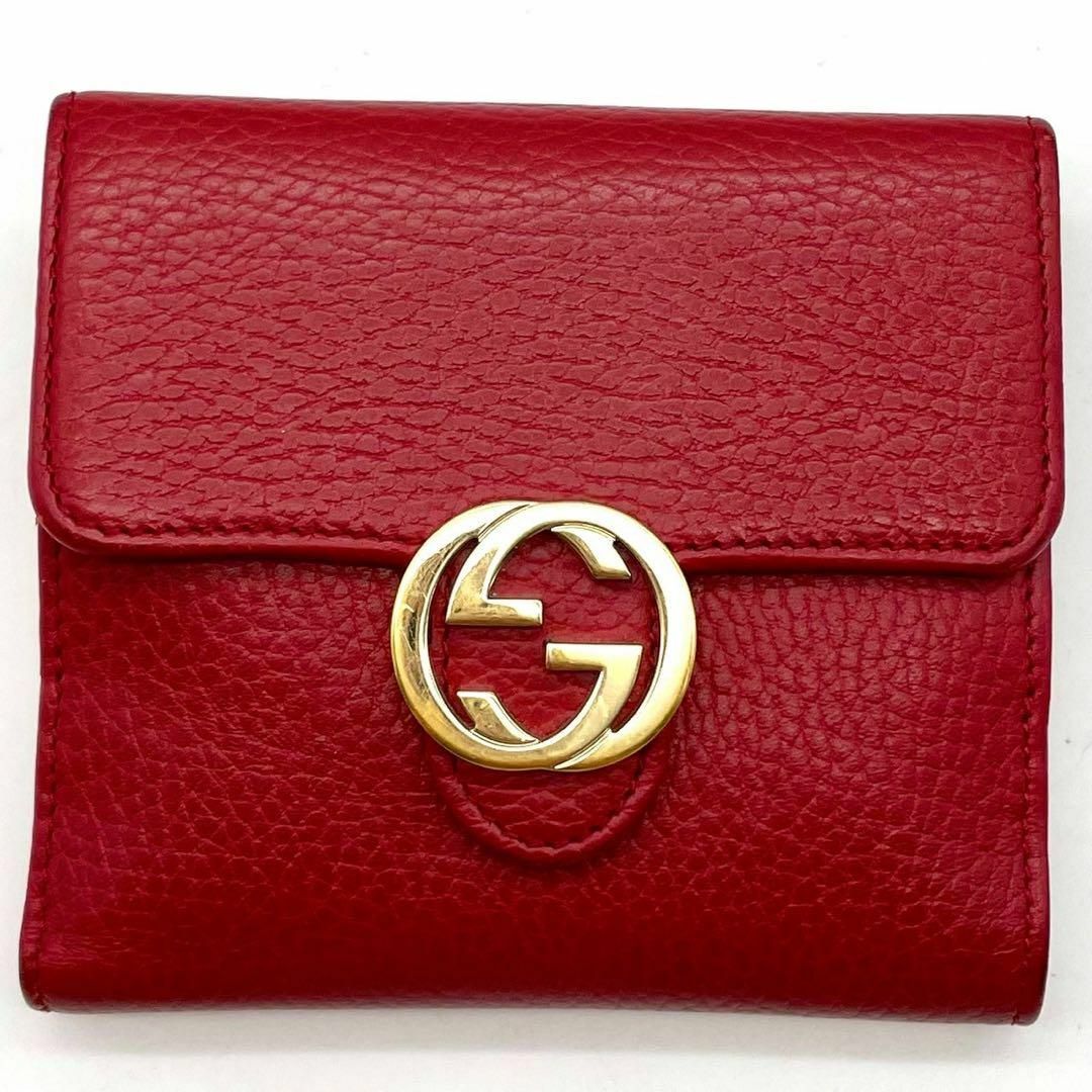 Gucci(グッチ)の良品✨グッチ 二つ折り財布 インターロッキング ゴールド金具 シボ革 レッド 赤 レディースのファッション小物(財布)の商品写真