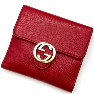 グッチ(Gucci)の良品✨グッチ 二つ折り財布 インターロッキング ゴールド金具 シボ革 レッド 赤(財布)