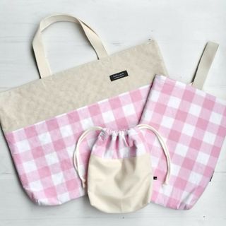 入園入学に！チェックのレッスンバッグ、シューズバッグ、コップ袋セット〜ピンク〜(バッグ/レッスンバッグ)