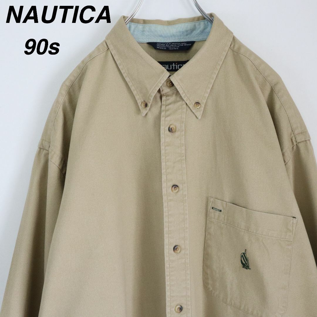NAUTICA(ノーティカ)の【90s USA製】ノーティカ／BDシャツ　XLサイズ　刺繍ロゴ　春カラー　古着 メンズのトップス(シャツ)の商品写真