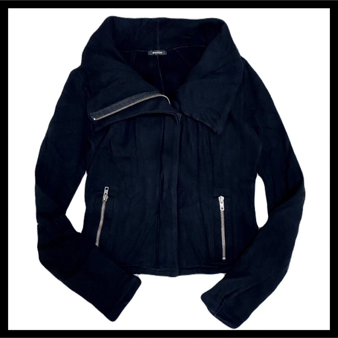 EMODA(エモダ)のEMODA スウェット ライダース ジャケット コート パーカー Black レディースのジャケット/アウター(ライダースジャケット)の商品写真