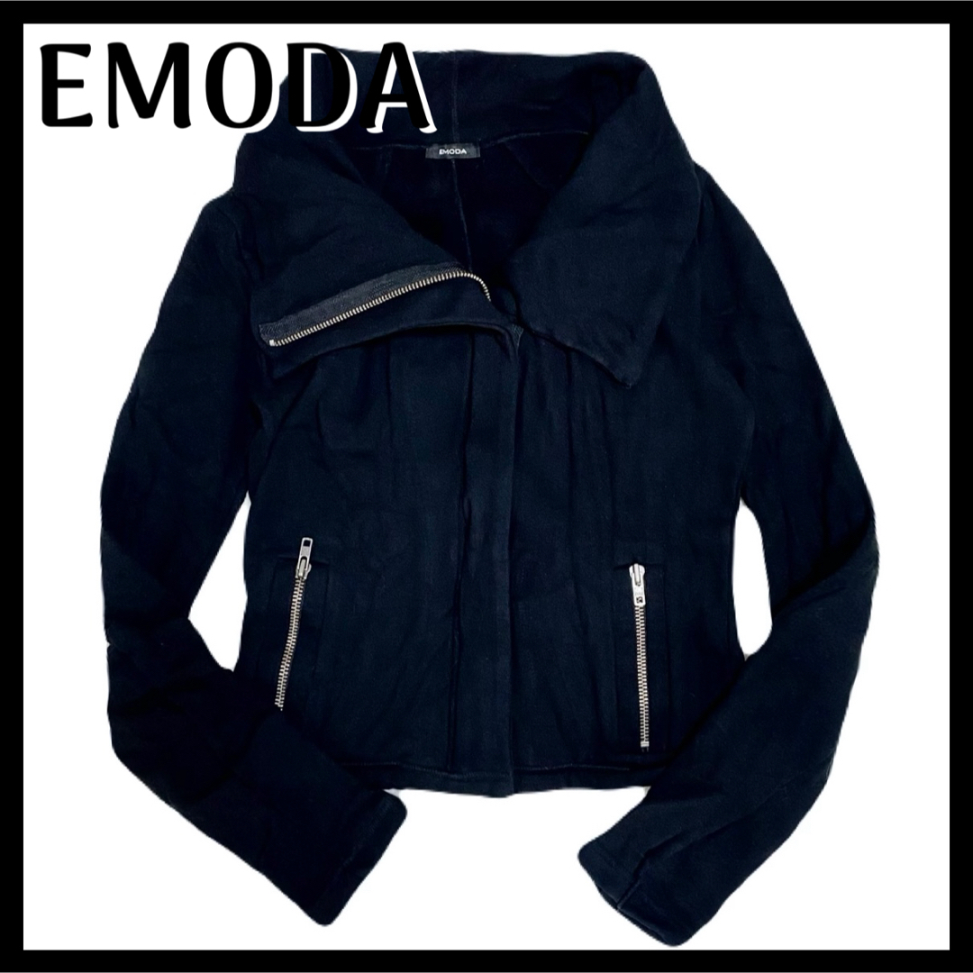 EMODA(エモダ)のEMODA スウェット ライダース ジャケット コート パーカー Black レディースのジャケット/アウター(ライダースジャケット)の商品写真