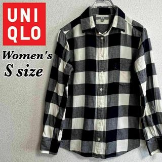 ユニクロ(UNIQLO)のUNIQLO ユニクロ ブロックチェック コットンシャツ ネイビー レディースS(シャツ/ブラウス(長袖/七分))