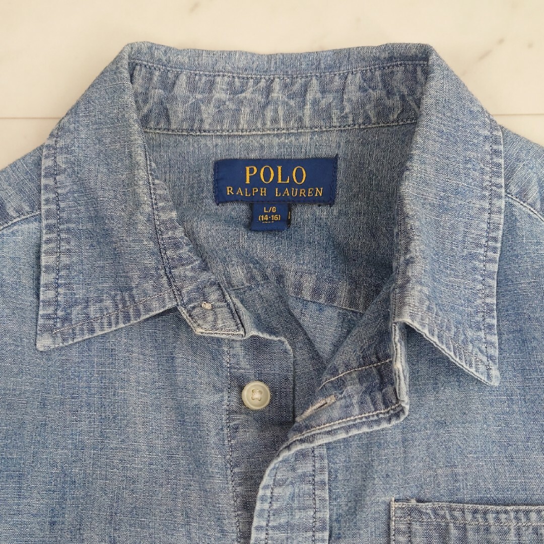 POLO RALPH LAUREN(ポロラルフローレン)の美品♪ ポロラルフローレン 半袖 デニムシャツ ロゴ刺繍 インド製 レディースのトップス(シャツ/ブラウス(長袖/七分))の商品写真