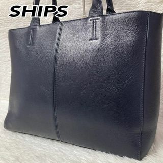 美品✨SHIPS レザー トートバッグ  メンズ　自立式　A4　大容量　ネイビー