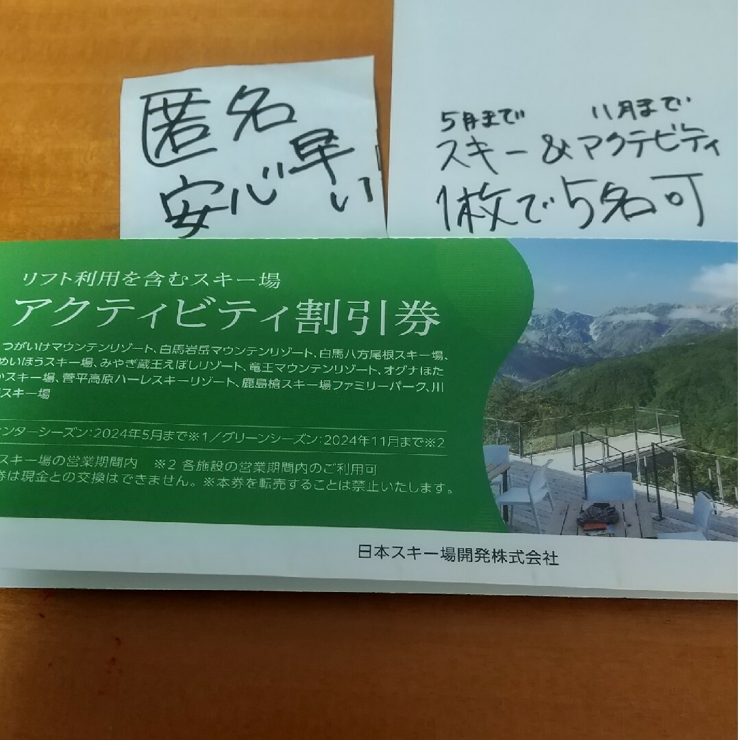 1枚 ５名分 日本スキー場開発 株主優待券 駐車場開発 割引券
