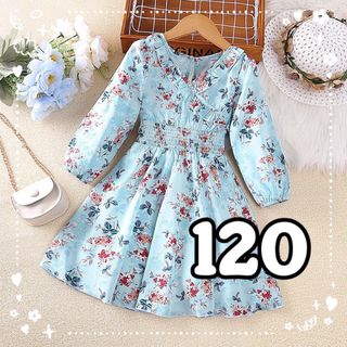 子供服　ワンピース　花柄ワンピース　フレアワンピース　Vネック　女の子　120(ワンピース)