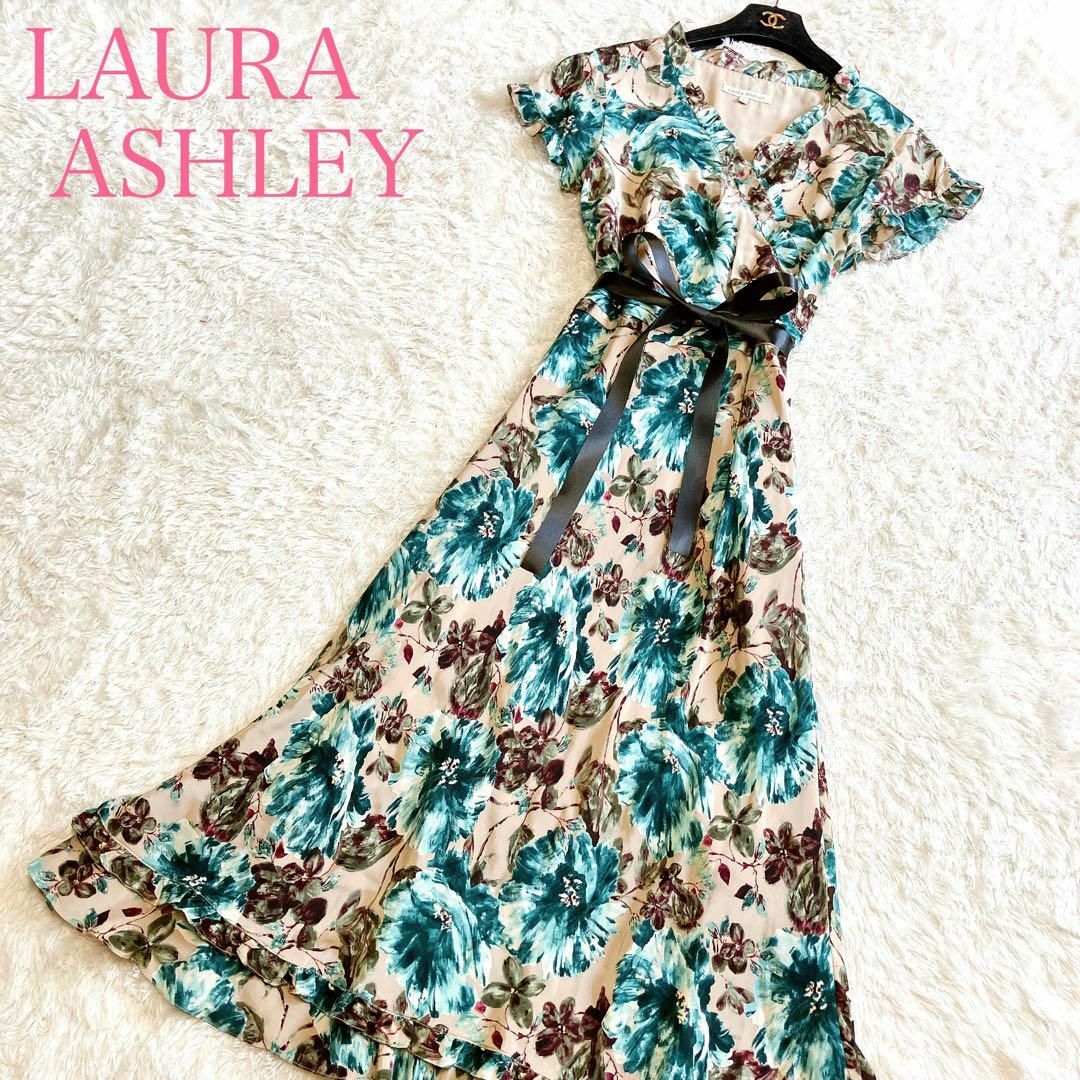 美品 ローラアシュレイ カシュクールロングワンピース 11号 L 花柄 シルク | フリマアプリ ラクマ