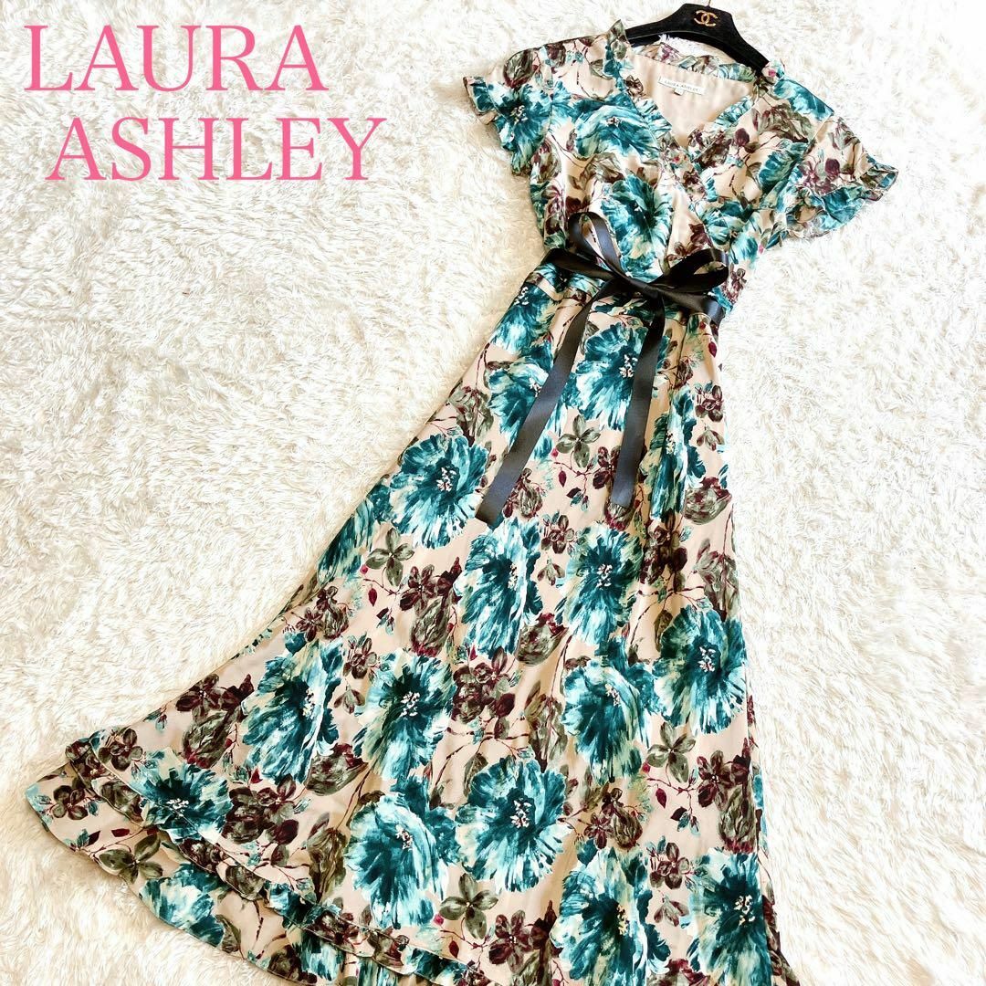 LAURA ASHLEY(ローラアシュレイ)の美品 ローラアシュレイ カシュクールロングワンピース 11号 L 花柄 シルク レディースのワンピース(ロングワンピース/マキシワンピース)の商品写真