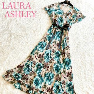 ローラアシュレイ(LAURA ASHLEY)の美品 ローラアシュレイ カシュクールロングワンピース 11号 L 花柄 シルク(ロングワンピース/マキシワンピース)