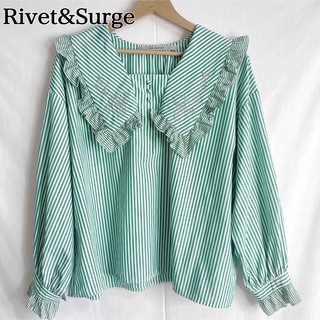 rivet & surge - 美品✨️Rivet&Surge くま刺繍フリル衿ブラウス 緑 ストライプ