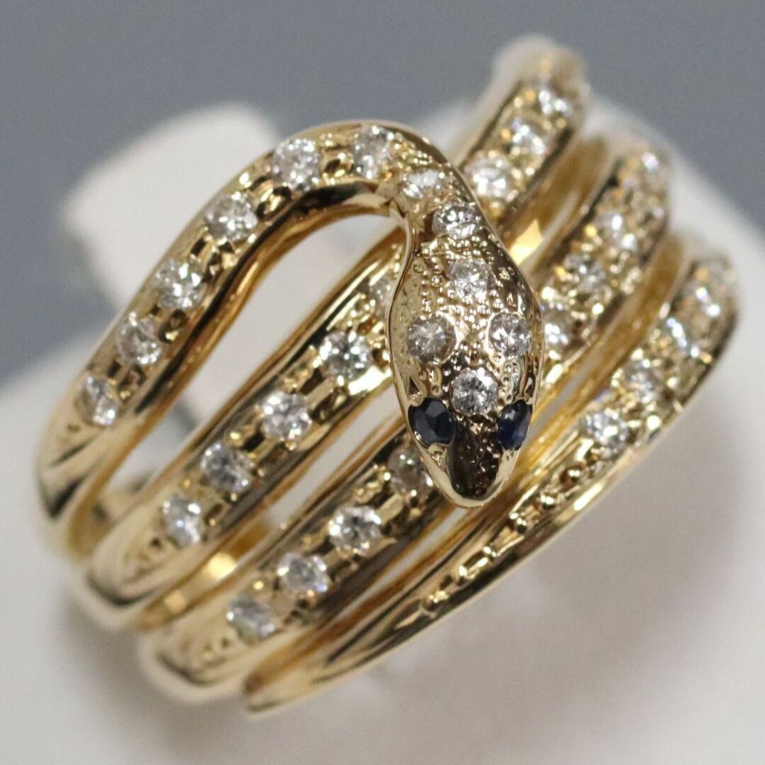 K18サファイアダイヤモンドリング ヘビモチーフ D0.40 6.7g レディースのアクセサリー(リング(指輪))の商品写真