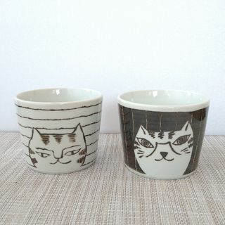 ミノヤキ(美濃焼)の【2個】新品 日本製 美濃焼 フリーカップ そば猪口 湯呑み しましま ネコ 猫(グラス/カップ)