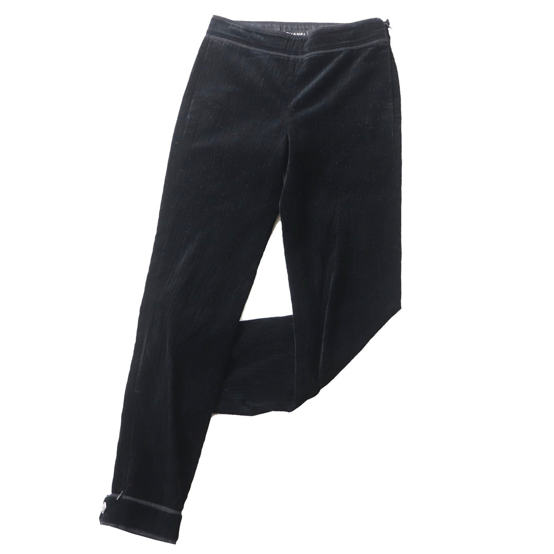 CHANEL - 美品 CHANEL シャネル P44709 ココマークボタン付き ロング丈 ベロア パンツ ブラック 34 イタリア製 正規品 レディース