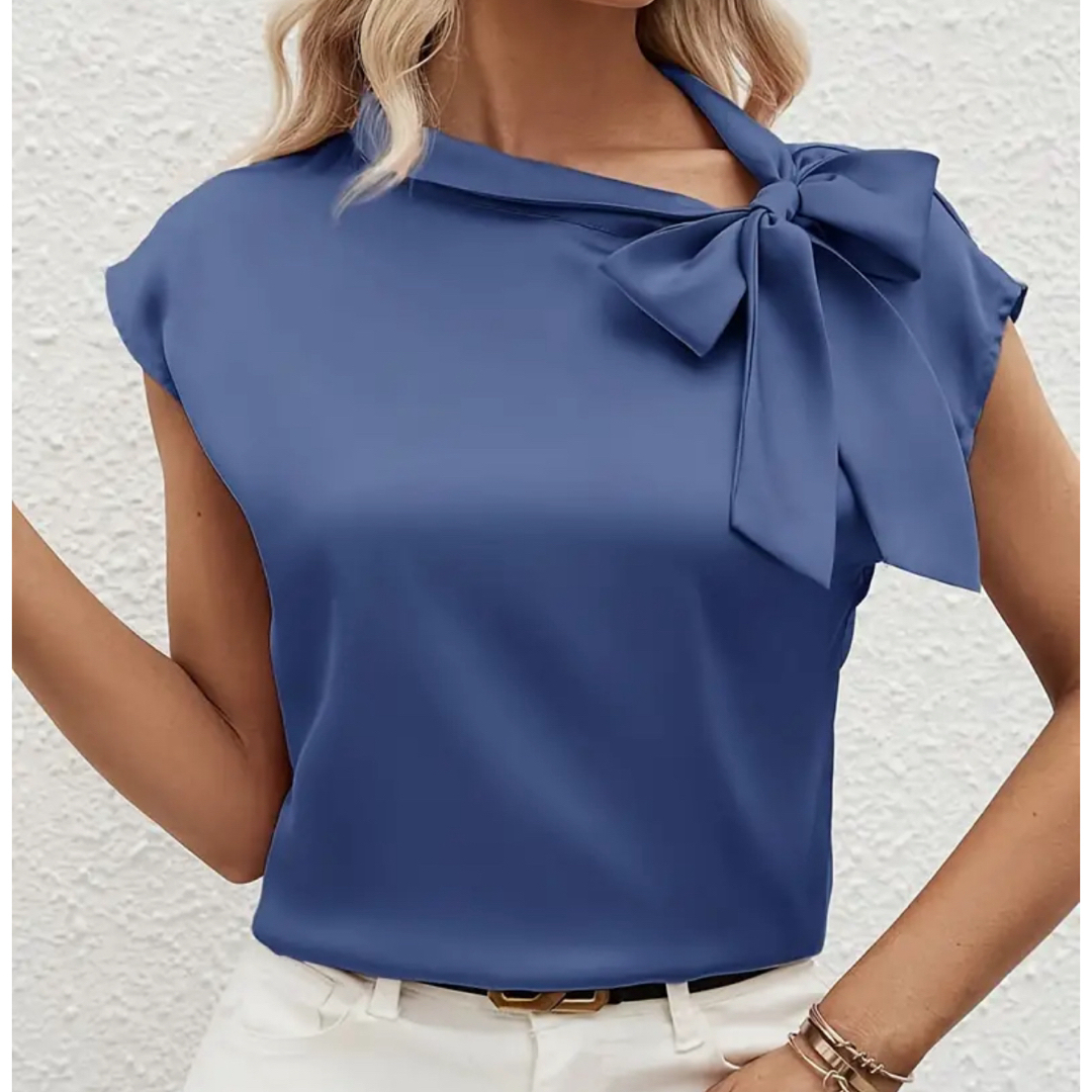 半袖ブラウス フロントリボン ブルー 紺色 ネックリボン ノースリーブ Lサイズ レディースのトップス(シャツ/ブラウス(半袖/袖なし))の商品写真