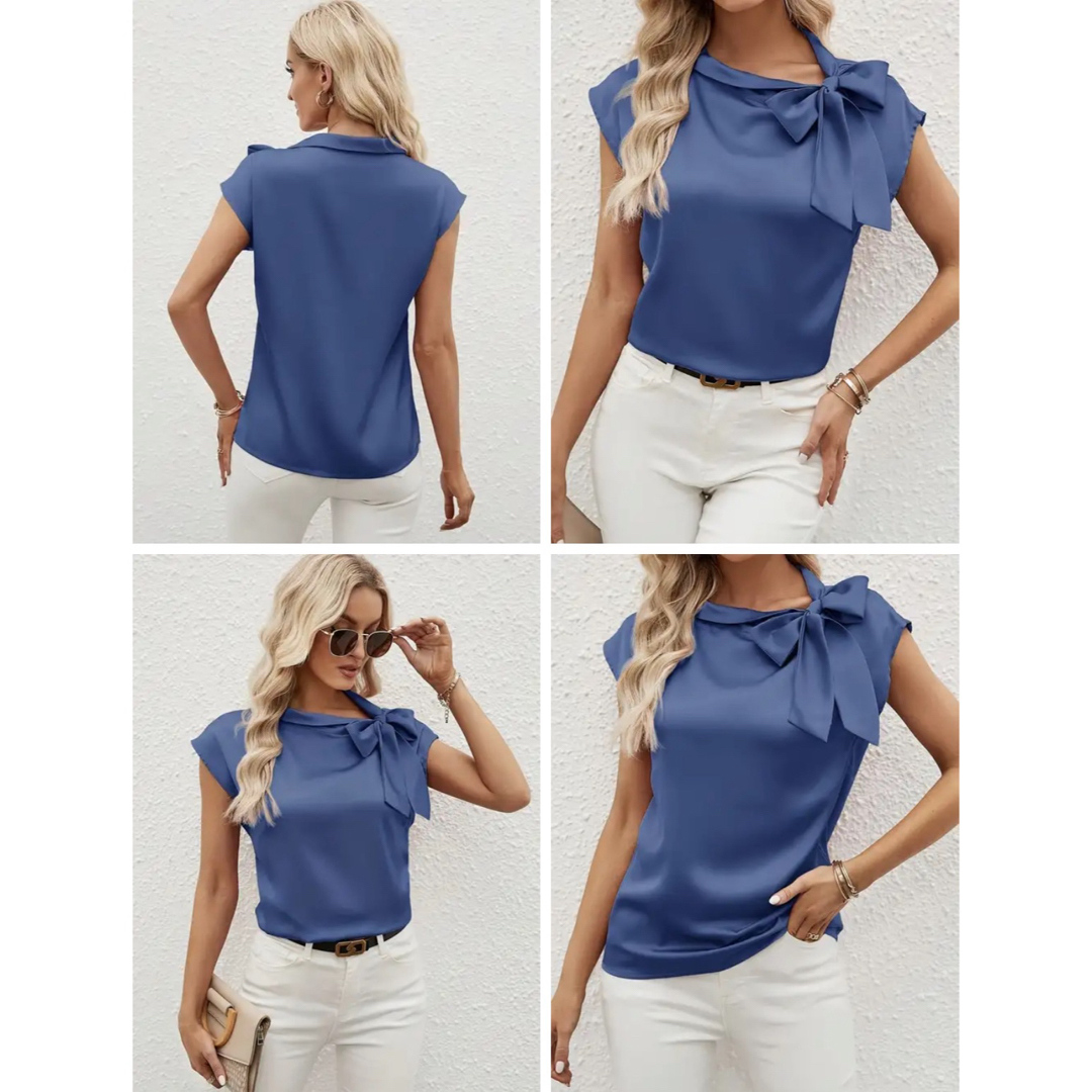 半袖ブラウス フロントリボン ブルー 紺色 ネックリボン ノースリーブ Lサイズ レディースのトップス(シャツ/ブラウス(半袖/袖なし))の商品写真
