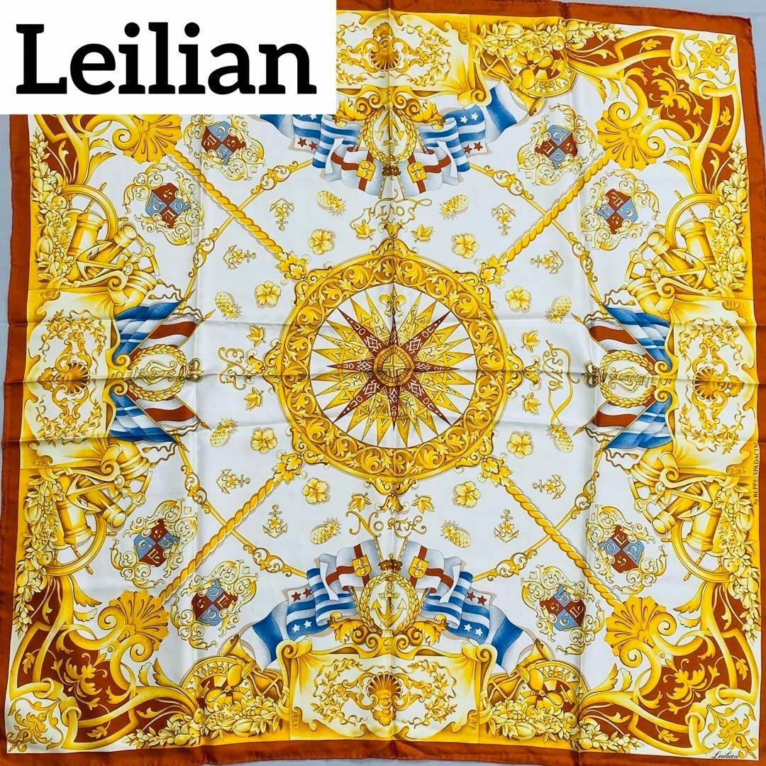 leilian(レリアン)の極美品 ★Leilian★ スカーフ 大判 エンブレム シルク ブラウン タグ付 レディースのファッション小物(バンダナ/スカーフ)の商品写真