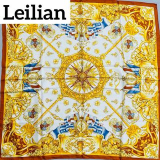 極美品 ★Leilian★ スカーフ 大判 エンブレム シルク ブラウン タグ付