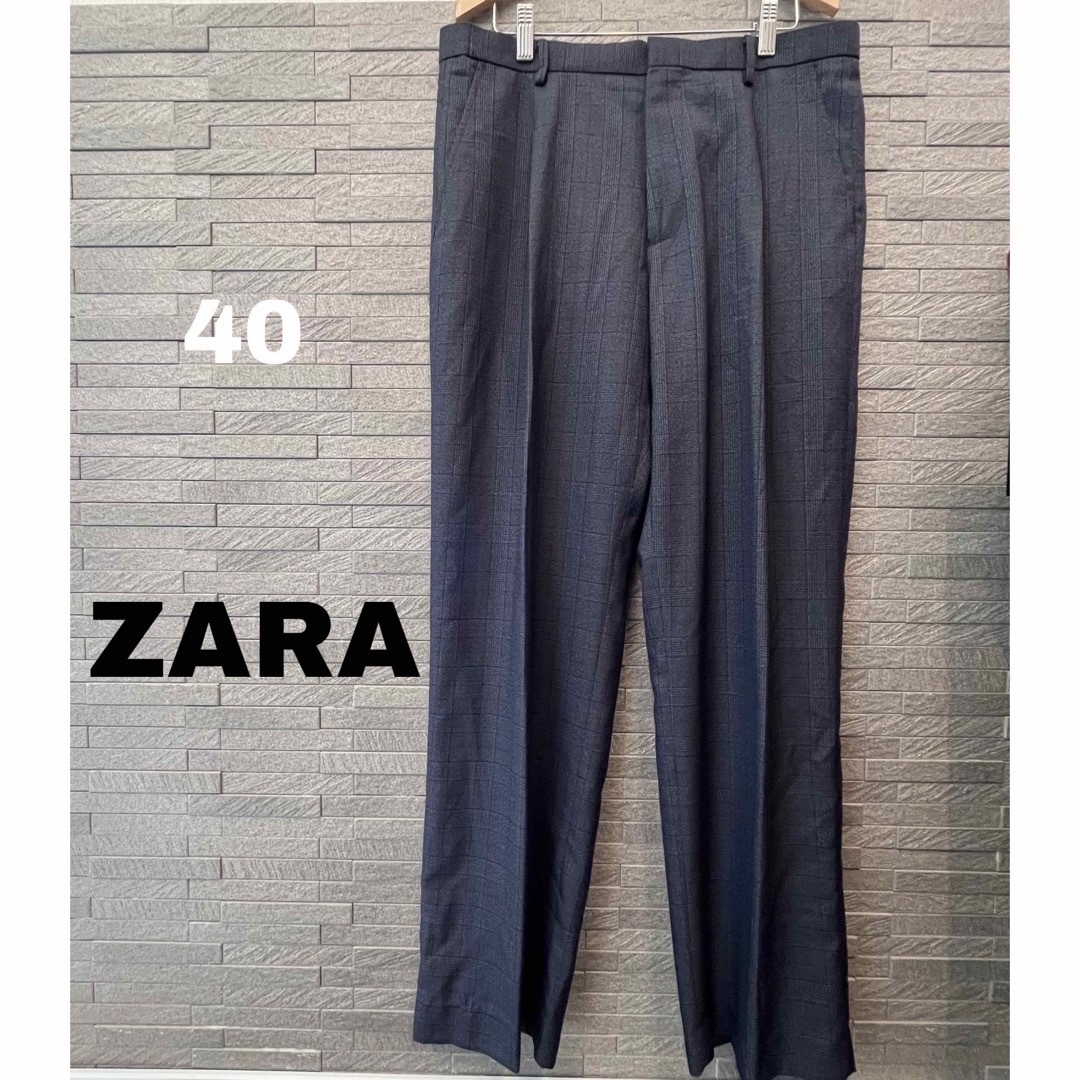 ZARA(ザラ)のZARAザラ　チェックワイドパンツ　ネイビー　スラックス　ワイドシルエット M メンズのパンツ(スラックス)の商品写真