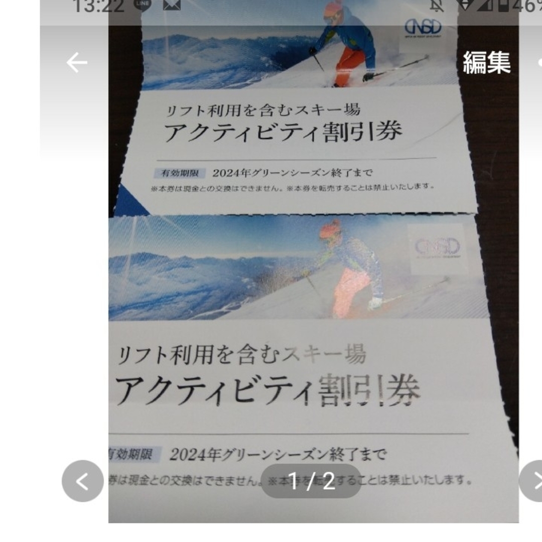 日本駐車場開発　株主優待　２枚組　A チケットの施設利用券(スキー場)の商品写真
