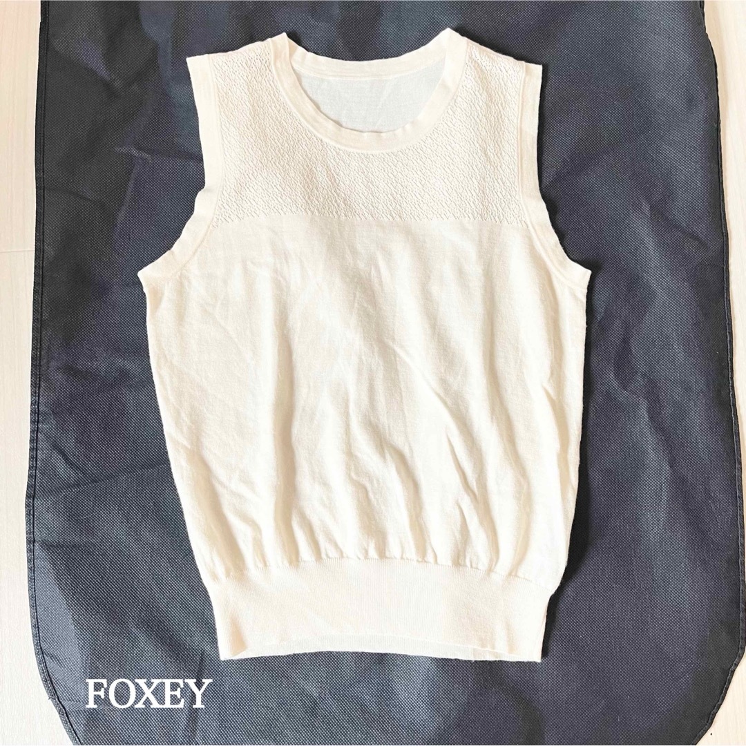 FOXEY(フォクシー)のFOXEY フォクシー　ノースリーブ　ニット　透かしレース レディースのトップス(カットソー(半袖/袖なし))の商品写真