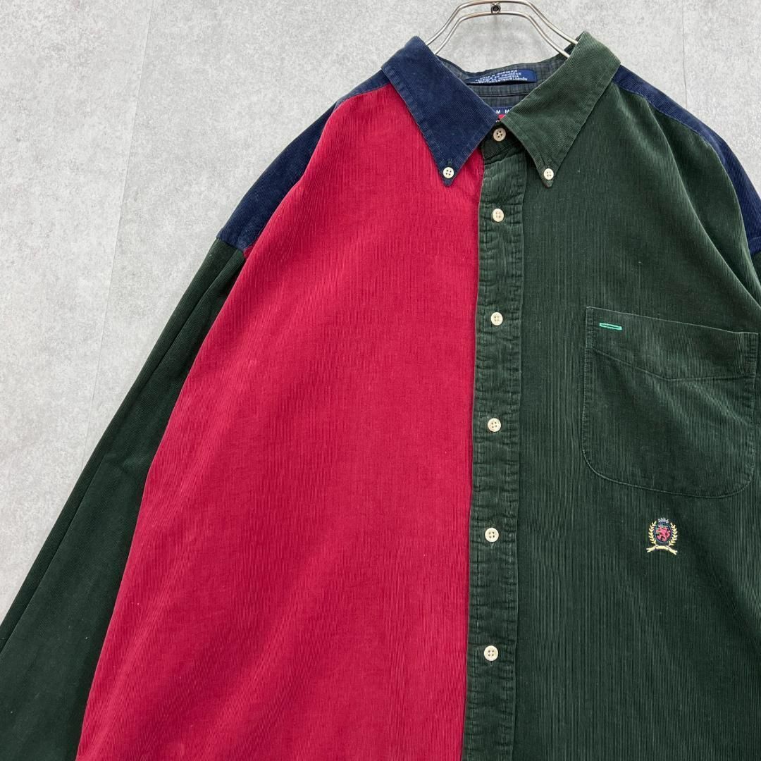 TOMMY HILFIGER(トミーヒルフィガー)の90s　トミーヒルフィガー　切替　コーデュロイシャツ　古着　モスグリーン　XL メンズのトップス(Tシャツ/カットソー(七分/長袖))の商品写真