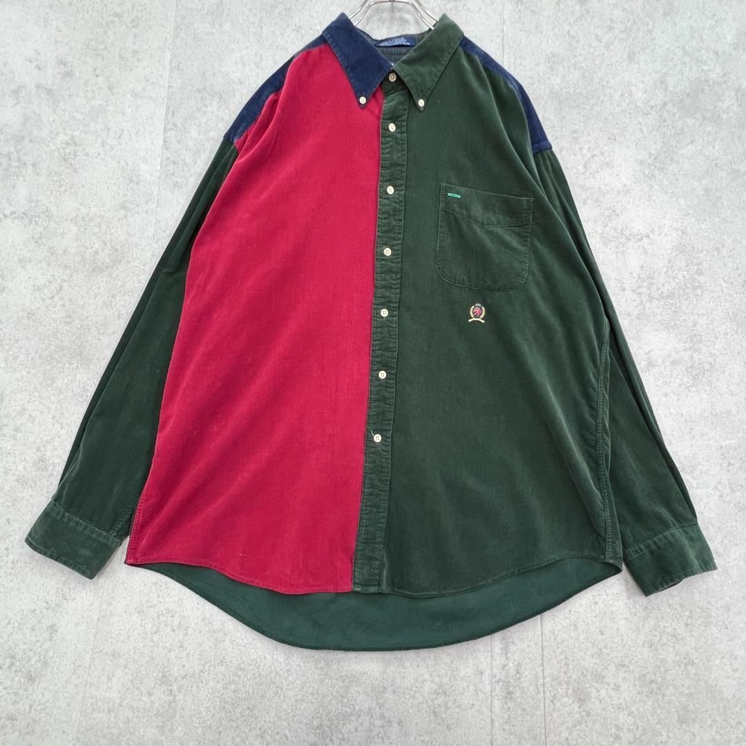 TOMMY HILFIGER(トミーヒルフィガー)の90s　トミーヒルフィガー　切替　コーデュロイシャツ　古着　モスグリーン　XL メンズのトップス(Tシャツ/カットソー(七分/長袖))の商品写真