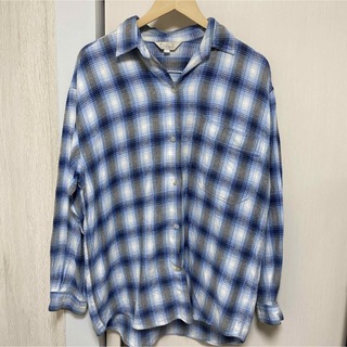 チェックシャツ ロングシャツ シャツ ママ レディース 春 青 ブルー(シャツ/ブラウス(長袖/七分))