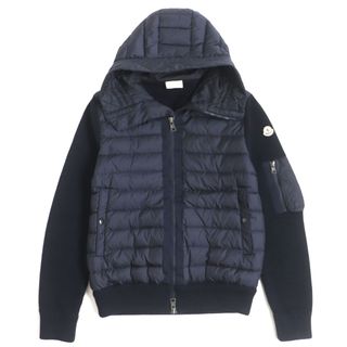 美品 MONCLER モンクレール 2019年製 MAGLIONE ニット切替 フード・ロゴワッペン付き WZIP ダウンジャケット ネイビー L 正規品 メンズ