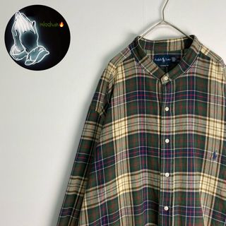 ラルフローレン(Ralph Lauren)の【ラルフローレン　長袖シャツ　チェック柄　ノーカラー　緑　ネイビー　赤　古着】(シャツ)