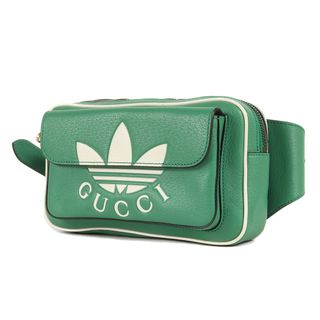 グッチ(Gucci)の美品 GUCCI グッチ adidas アディダス トレフォイルロゴ ボディバック TREFOIL LOGO BODY BAG 722141 クロス ショルダー ウエスト グリーン イタリア製 ブランド コラボ カバン【メンズ】【中古】(ボディーバッグ)