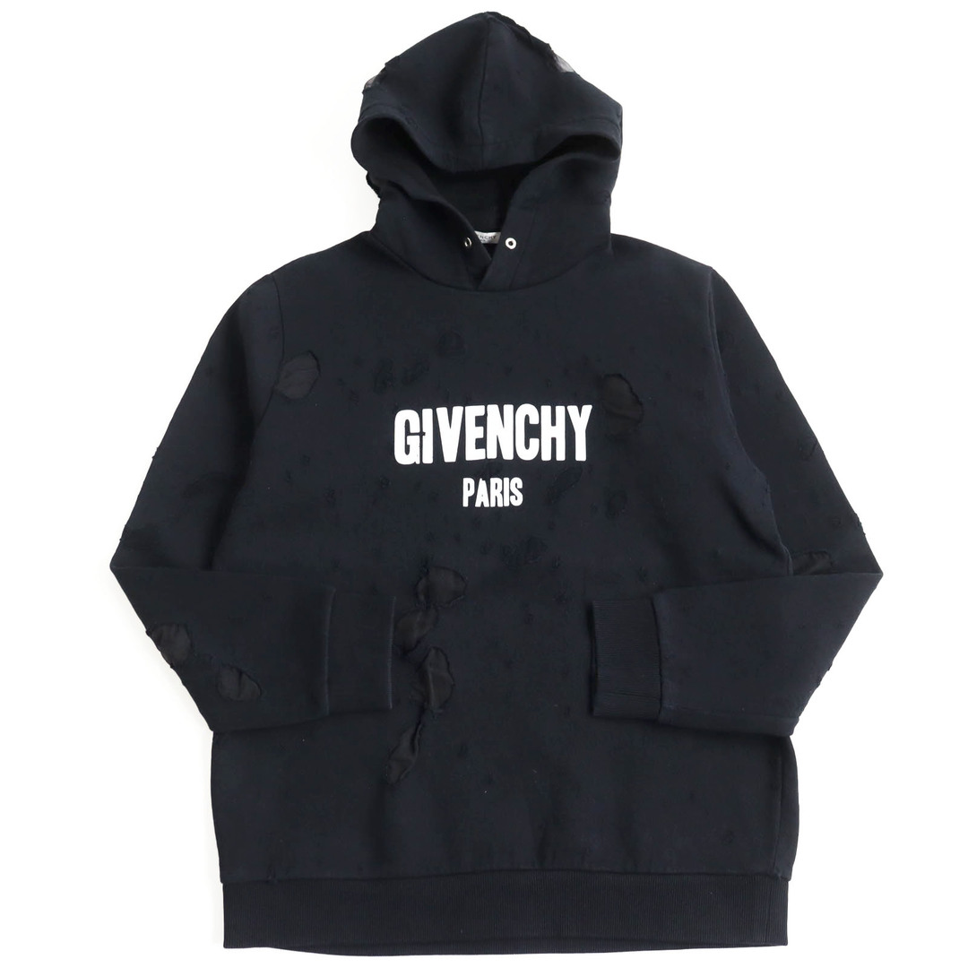 GIVENCHY(ジバンシィ)の【ドンドン見直し】美品 GIVENCHY ジバンシィ BM703A3Y0S コットン100% Destroyed Logo Pullover/デストロイ ロゴプルオーバー ダメージ パーカー/フ―ディー ブラック L 正規品 メンズ メンズのトップス(パーカー)の商品写真